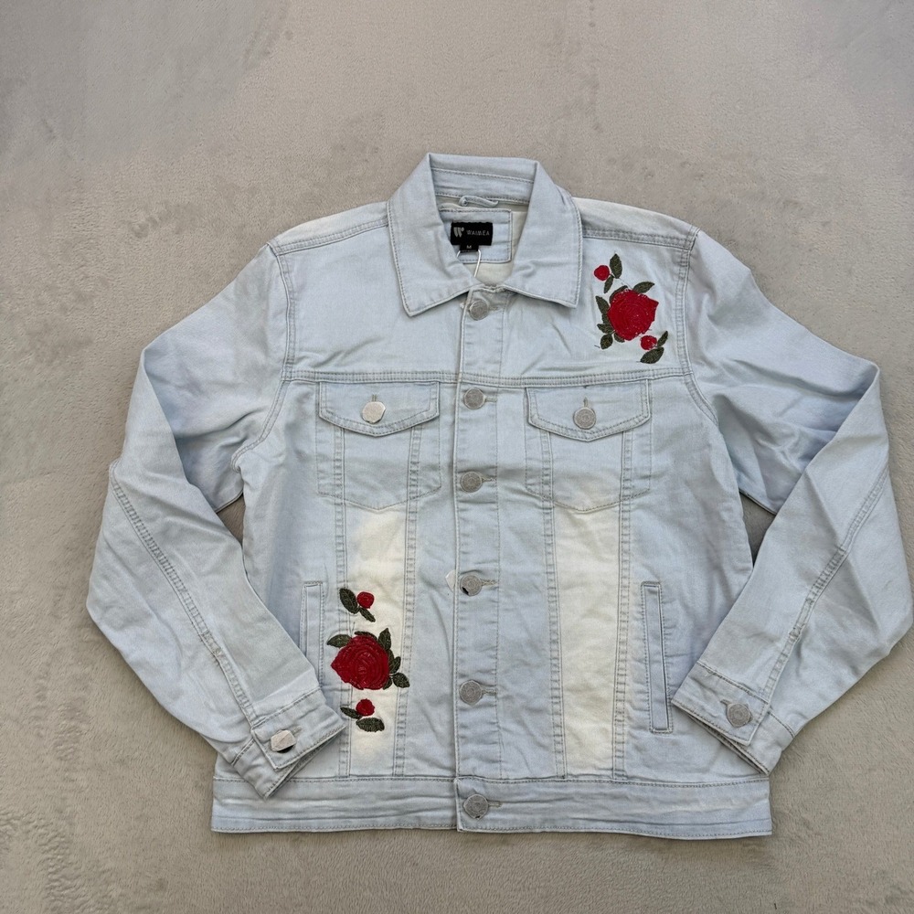 Waimea Denim Jacket Mens Small Light Blue Rose‎ Floral Embroidered Streetwear